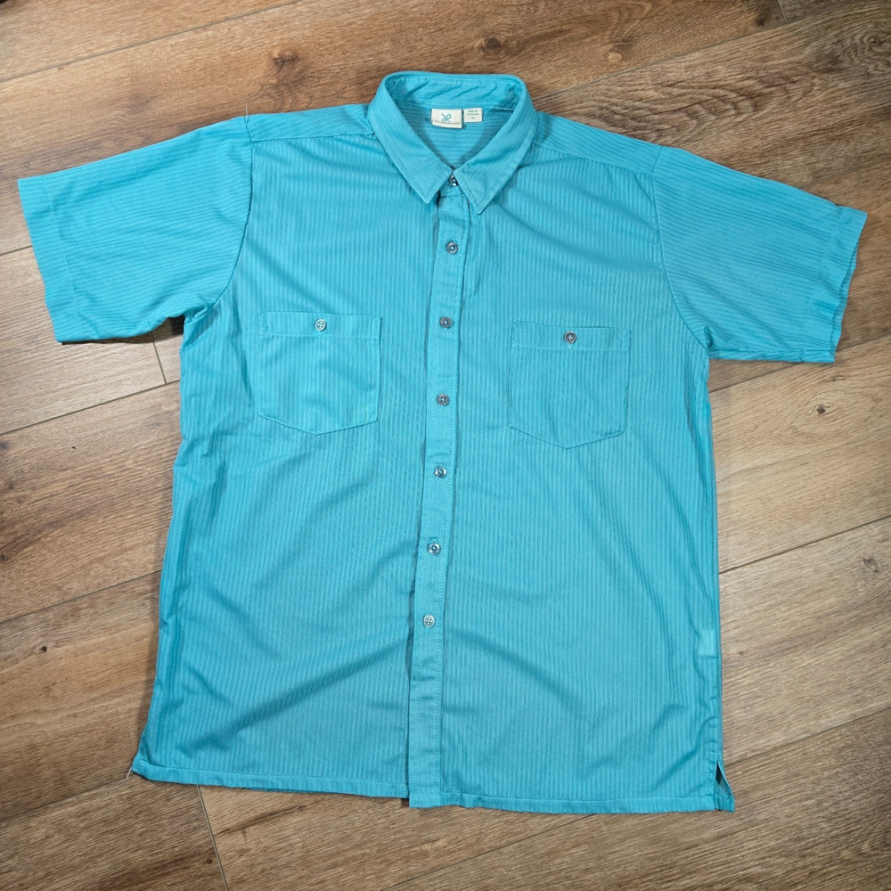 Vintage Y2K Haband Shirt Mens M Green Button Up Short Sleeve Textured Casual
